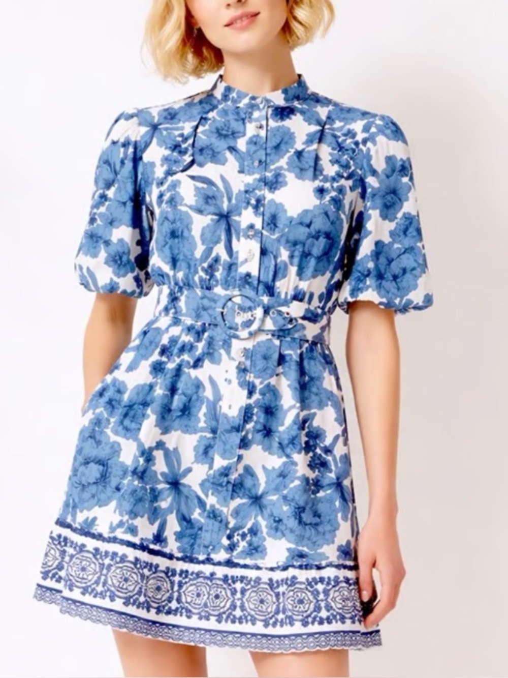 Joie Floral Belted Puff Sleeve Dress in Blue and White Size 16